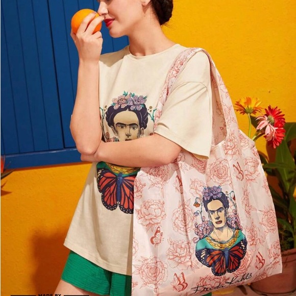 New Frida Kahlo Pink Large Shopper Bag Polyester Double Handle w Pouch - Picture 2 of 7